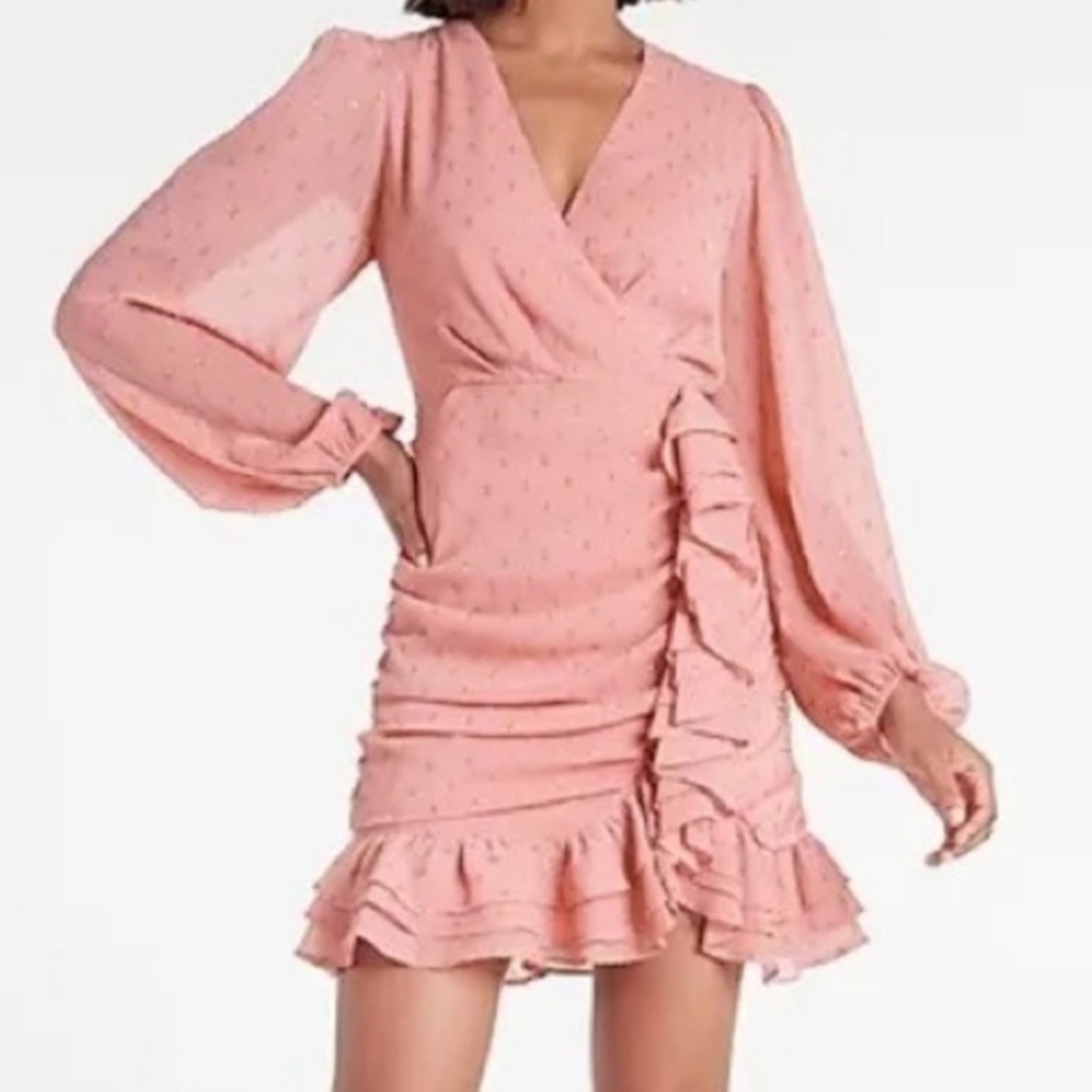 Express Pink Metallic Faux Wrap Ruffle Mini Dress